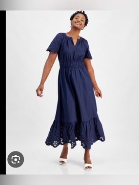 On34th, Navy ,Eyelet-Hem Maxi Dress with Smocked Waist, size XL